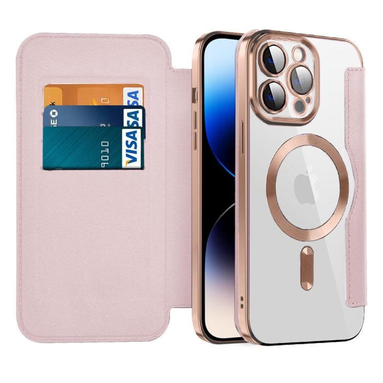 etui iphone 14 pro typu książka  book magsafe lens protect, z klapką, ochrona aparatu i obiektywu, rfd, różowe