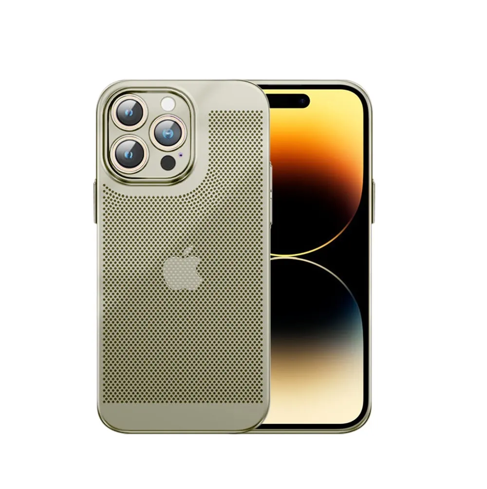Etui do iPhone 14 Pro Max, oddychające, hybrydowa ochrona kamery, złote