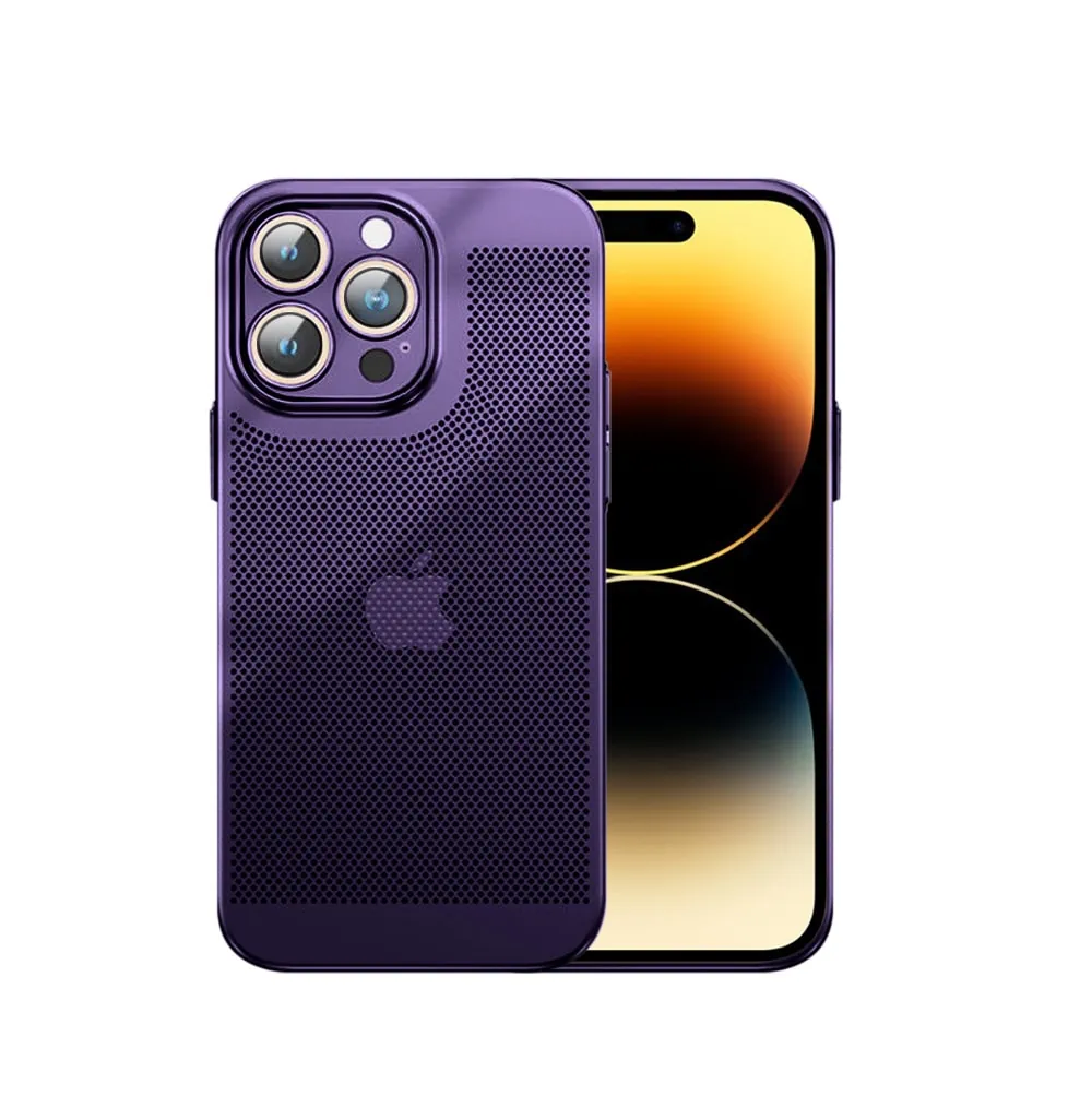 etui do iphone 14 pro, oddychające, hybrydowa ochrona kamery, purpurowe