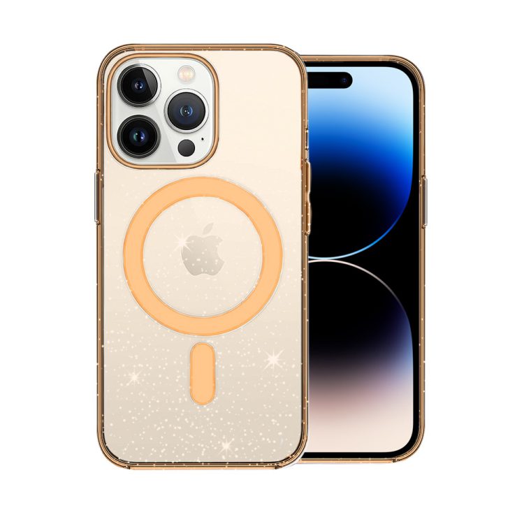 etui do iphone 14 pro z magsafe przeźroczyste, brokatowe ze złotymi dodatkami ???
