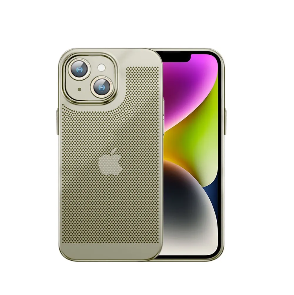 Etui do iPhone 14, oddychające, hybrydowa ochrona kamery, złote
