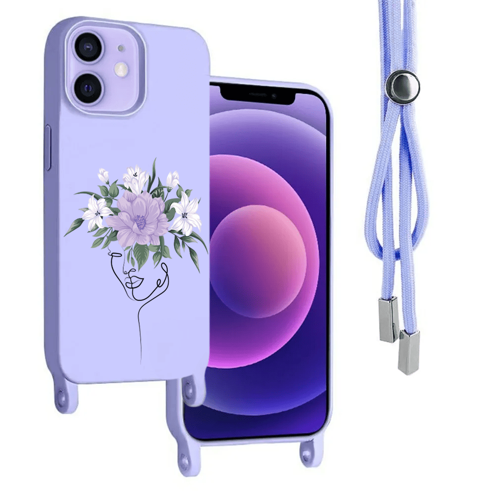 Etui do iPhone 12 wzmacniane crossbody z fioletową smyczą jak torebka, fioletowe z kobietą i kwiatami