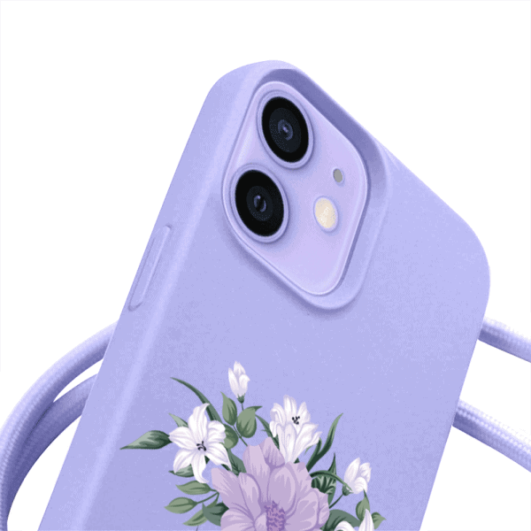 etui do iphone 12 wzmacniane crossbody z fioletową smyczą jak torebka, fioletowe z kobietą i kwiatami