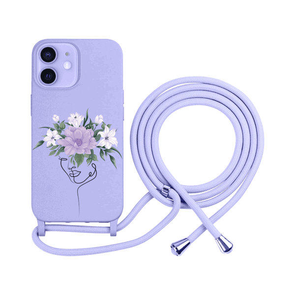 etui do iphone 12 wzmacniane crossbody z fioletową smyczą jak torebka, fioletowe z kobietą i kwiatami