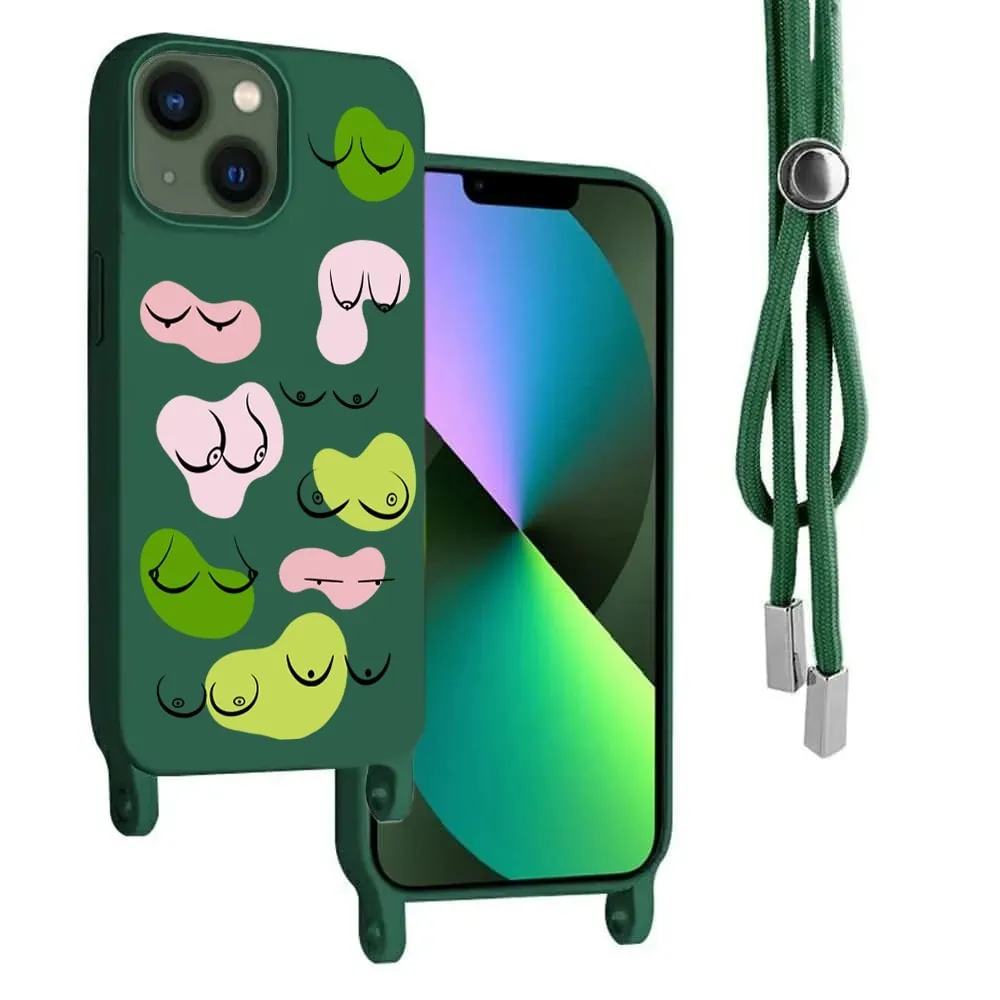 Etui do iPhone 13 wzmacniane crossbody z zieloną smyczą jak torebka, kobiece atuty, zielone