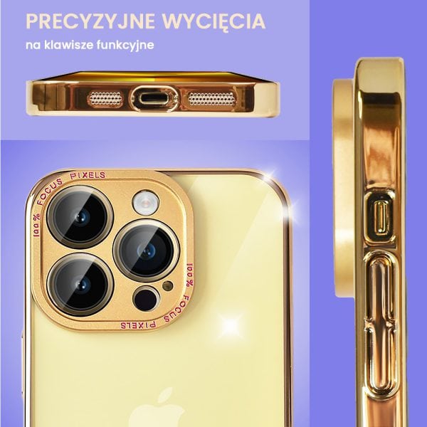 etui do iphone 13 pro crystal gold crown, hybrydowa ochrona kamery, przeźroczyste
