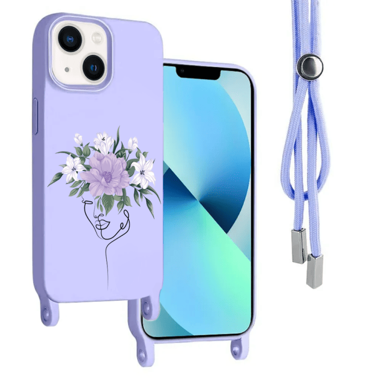 etui do iphone 14 wzmacniane crossbody z fioletową smyczą jak torebka, fioletowe z kobietą i kwiatami