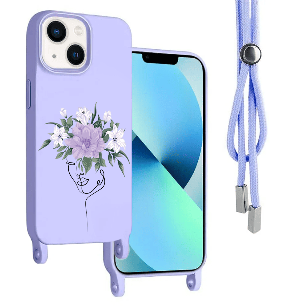 Etui do iPhone 13 wzmacniane crossbody z fioletową smyczą jak torebka, fioletowe z kobietą i kwiatami