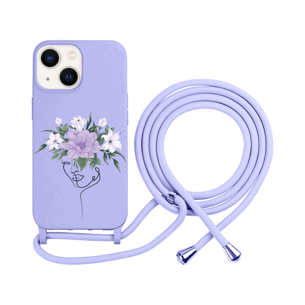 etui do iphone 14 wzmacniane crossbody z fioletową smyczą jak torebka, fioletowe z kobietą i kwiatami
