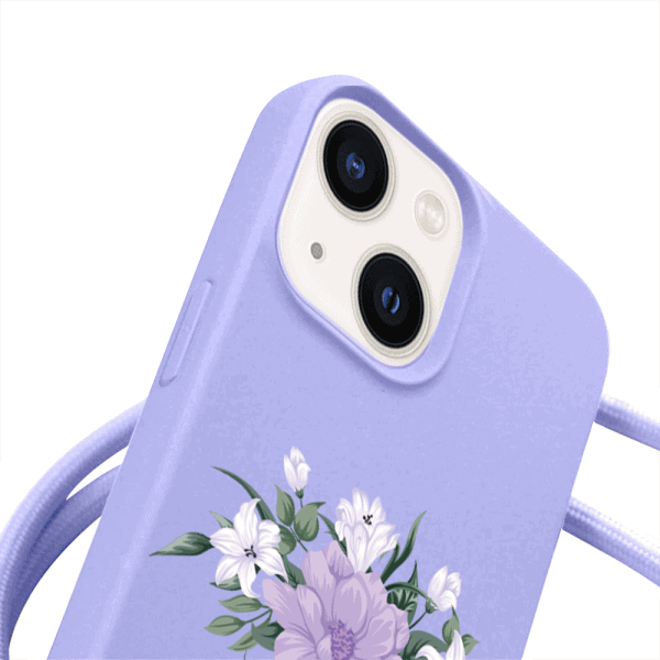 etui do iphone 14 wzmacniane crossbody z fioletową smyczą jak torebka, fioletowe z kobietą i kwiatami