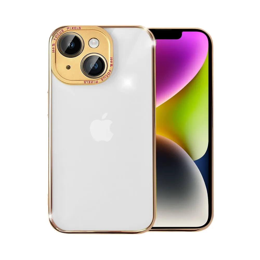 Etui do iPhone 14 Crystal Gold Crown, hybrydowa ochrona kamery, przeźroczyste