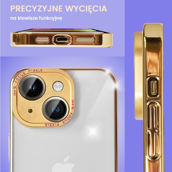 etui do iphone 14 crystal gold crown, hybrydowa ochrona kamery, przeźroczyste