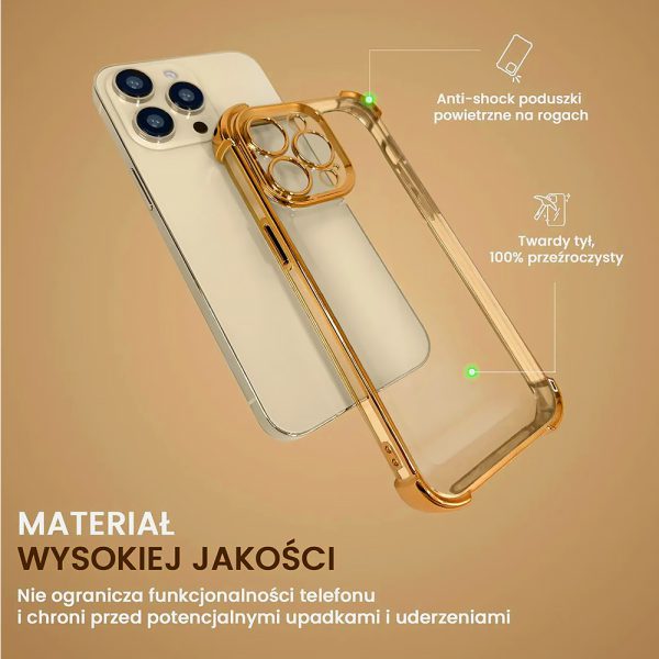 etui do iphone 14 pro max hybrid elegance anti shock z osłoną na aparat i poduszkami, ciepłe złoto