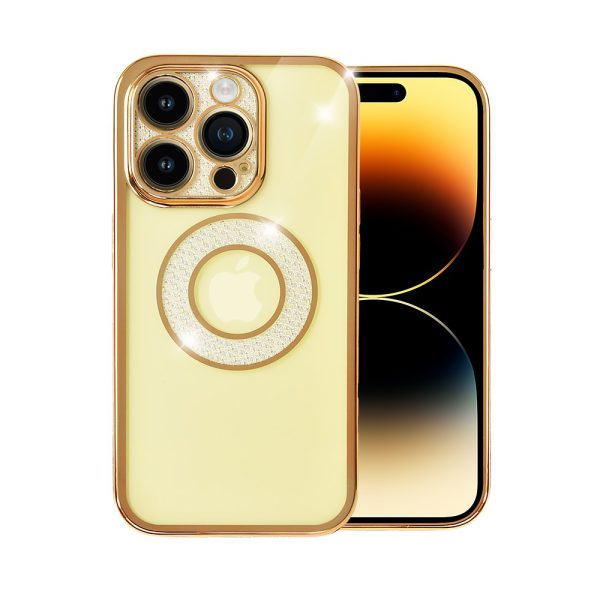 etui do iphone 14 pro space crystal, brokatowa osłona aparatu, złote