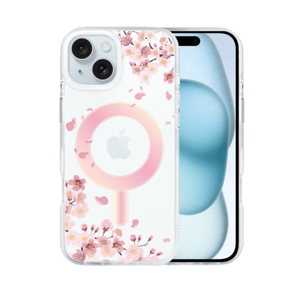 Etui do iPhone 15, Flower MagSafe, kwiat wiśni, przeźroczyste