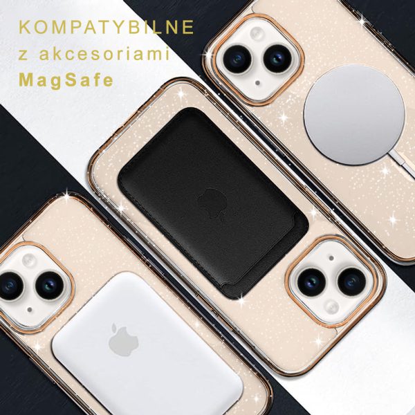 etui do iphone 14 z magsafe przeźroczyste, brokatowe ze złotymi dodatkami ???