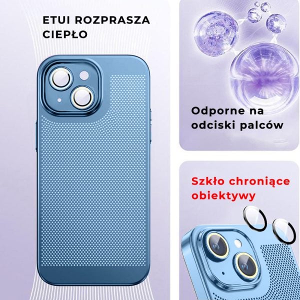 etui do iphone 14, oddychające, hybrydowa ochrona kamery, niebieskie