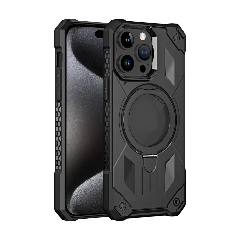 Etui do iPhone 15 Pro Armored Metal Cam MagSafe Stand z podstawką, czarne