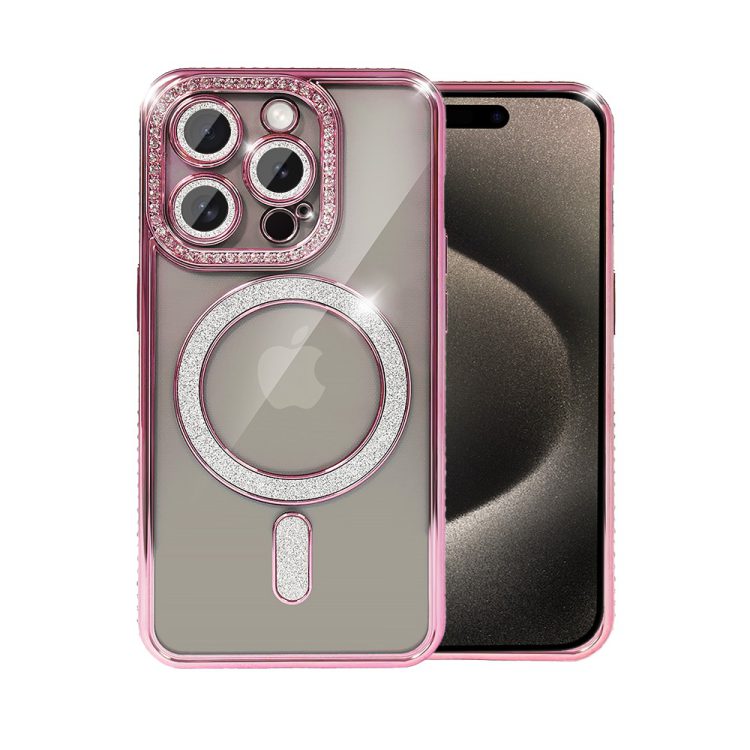 etui do iphone 15 pro diadem glow, błyszczące z magsafe, przeźroczyste, różowe