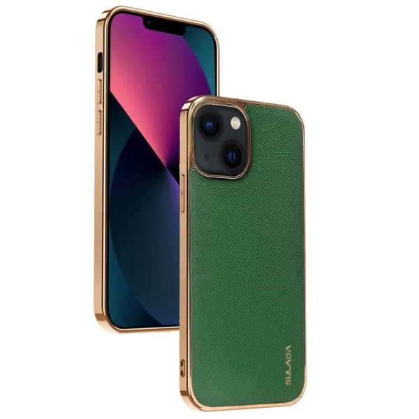 etui do iphone 13 mini eleganckie luksusowe skórzane zielone ze złotem