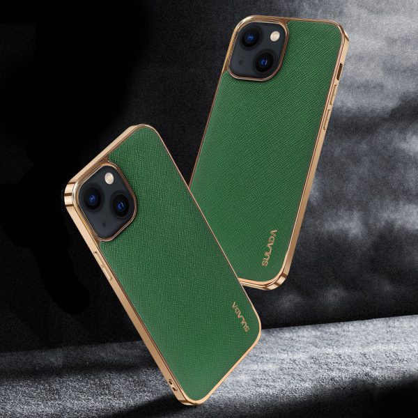 etui do iphone 13 mini eleganckie luksusowe skórzane zielone ze złotem
