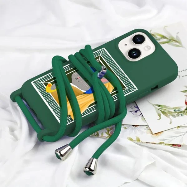 etui do iphone 14 wzmacniane crossbody z zieloną smyczą jak torebka, kotek z kurczakiem, zielone