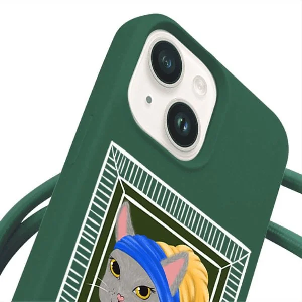 etui do iphone 14 wzmacniane crossbody z zieloną smyczą jak torebka, kotek z kurczakiem, zielone