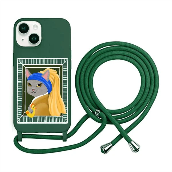 etui do iphone 14 wzmacniane crossbody z zieloną smyczą jak torebka, kotek z kurczakiem, zielone