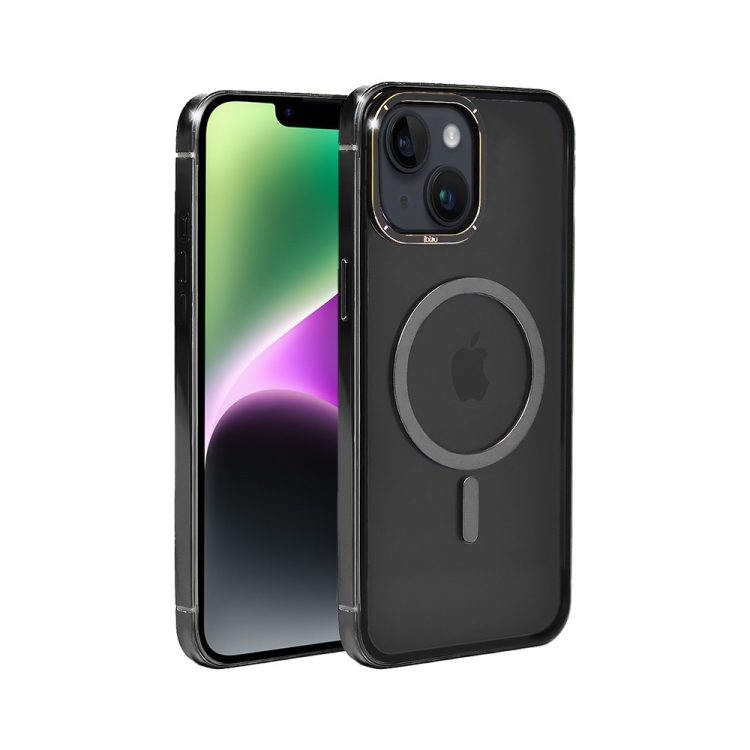 etui do iphone 14, ibizu elite skin cam ring, krystalicznie czyste z metalową ramką, czarne z magsafe