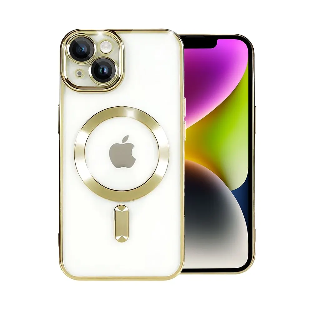 Etui do iPhone 14 MagSafe Luxury Protect przeźroczyste, hybrydowa ochrona kamery, złote