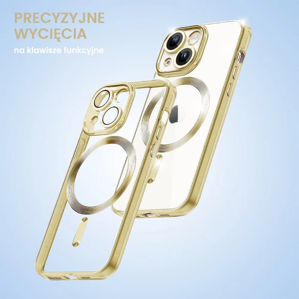 etui do iphone 14 magsafe luxury protect przeźroczyste, hybrydowa ochrona kamery, złote