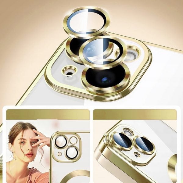 etui do iphone 14 magsafe luxury protect przeźroczyste, hybrydowa ochrona kamery, złote