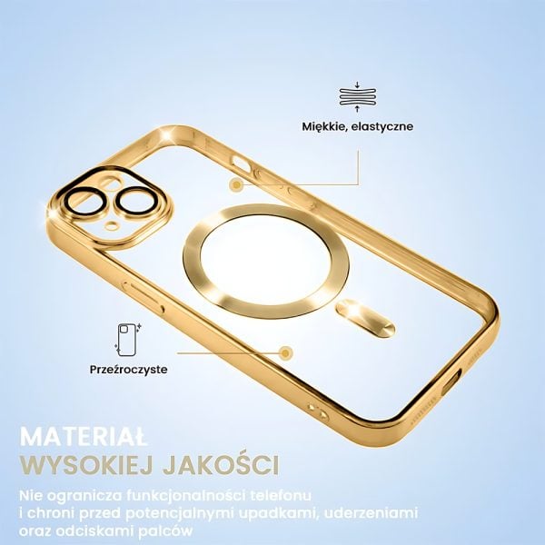 etui do iphone 14 magsafe luxury protect przeźroczyste, hybrydowa ochrona kamery, złote