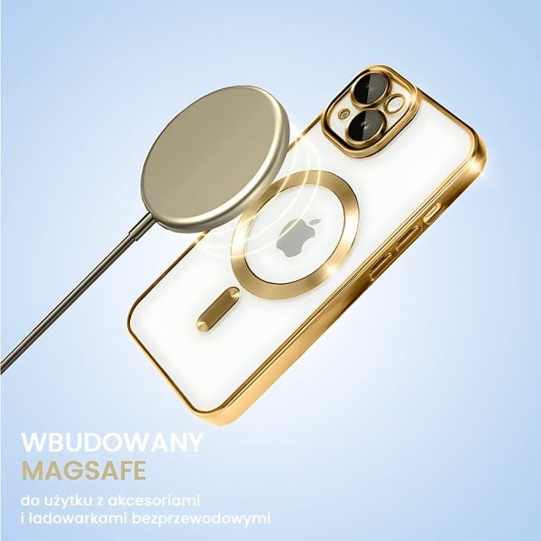 etui do iphone 14 magsafe luxury protect przeźroczyste, hybrydowa ochrona kamery, złote