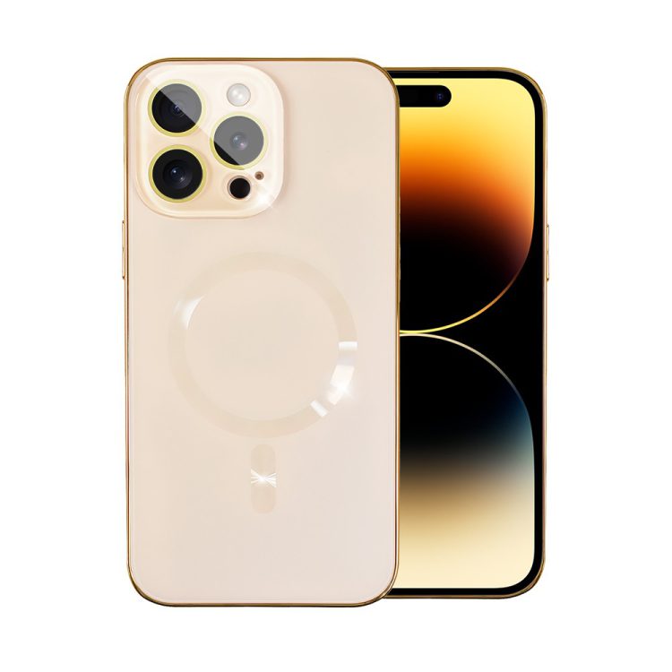etui do iphone 14 pro max jolly magsafe protect, z osłoną obiektywów, pastelowy róż ze złotą ramką
