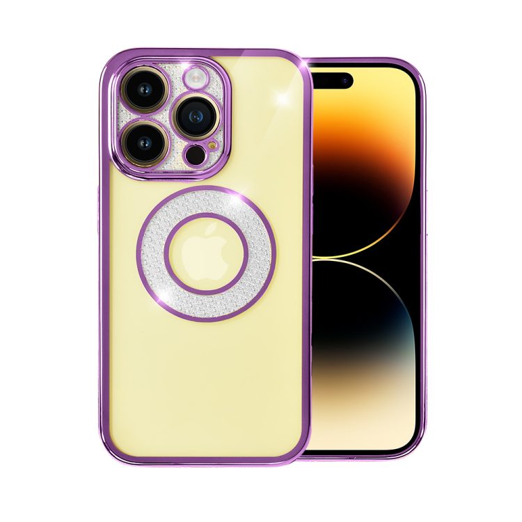 etui do iphone 14 pro max space crystal, brokatowa osłona aparatu, purpurowe