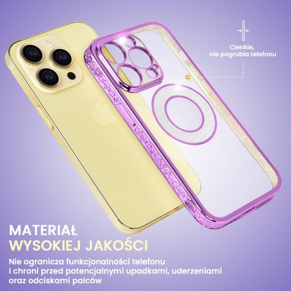 etui do iphone 14 pro max space crystal, brokatowa osłona aparatu, purpurowe