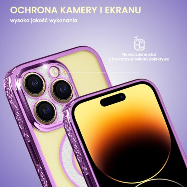 etui do iphone 14 pro max space crystal, brokatowa osłona aparatu, purpurowe