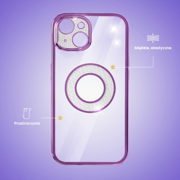 etui do iphone 14 space crystal, brokatowa osłona aparatu, purpurowe