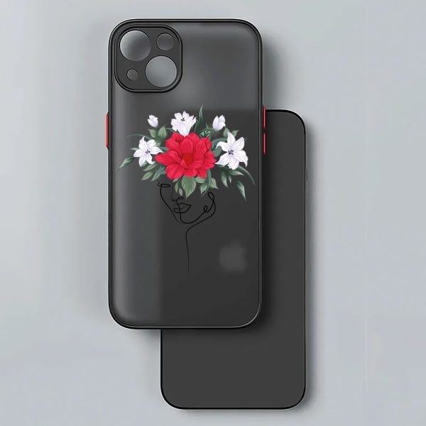etui do iphone 14 ochrona kamery, kobieta z kwiatami, czarne