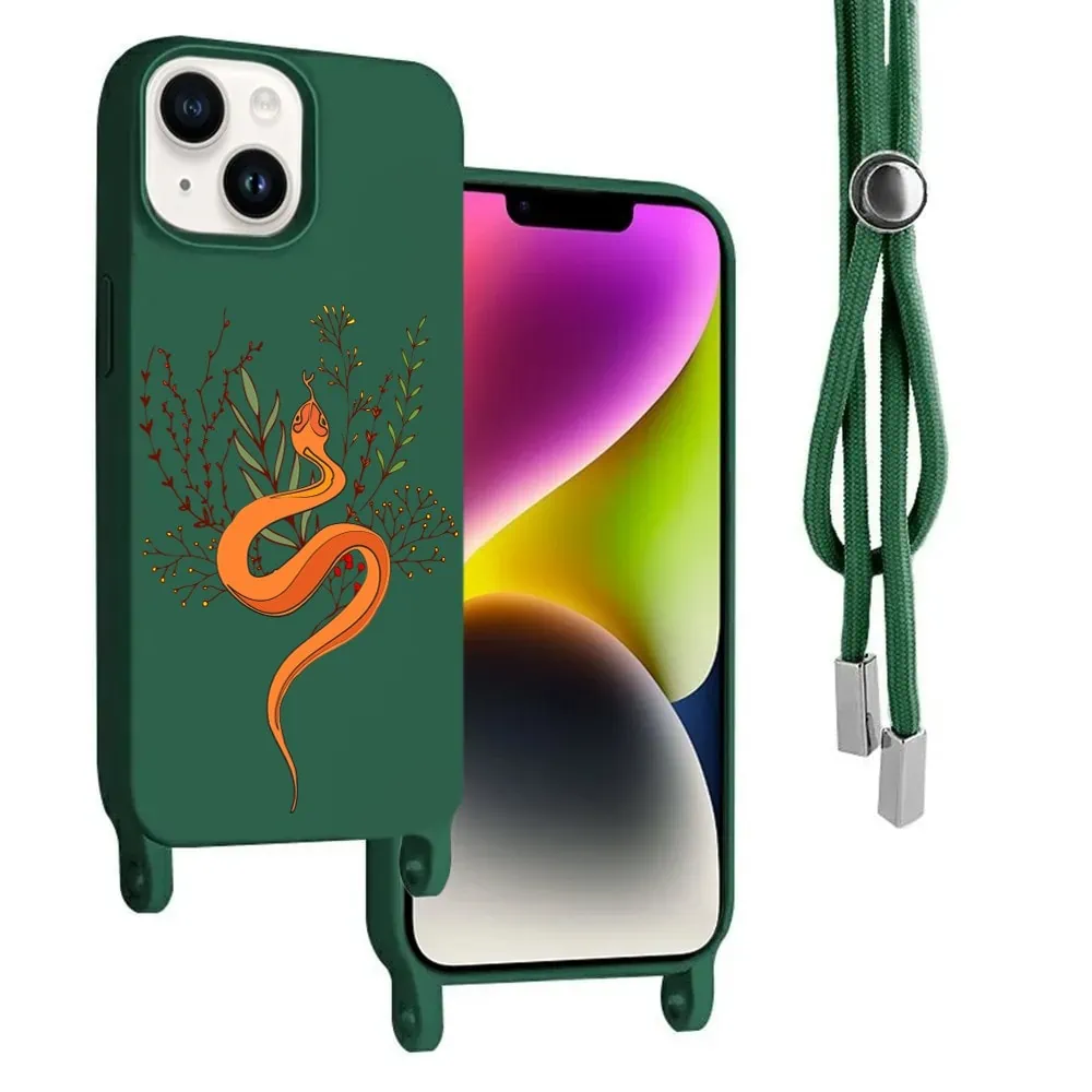 Etui do iPhone 14 wzmacniane crossbody z zieloną smyczą jak torebka, wąż żmija, zielone