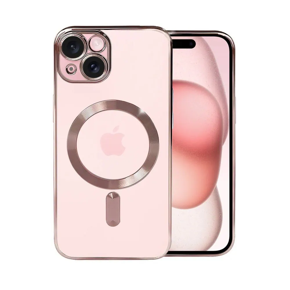 etui do iphone 15 plus magsafe luxury protect przeźroczyste, hybrydowa ochrona kamery, różowe złoto
