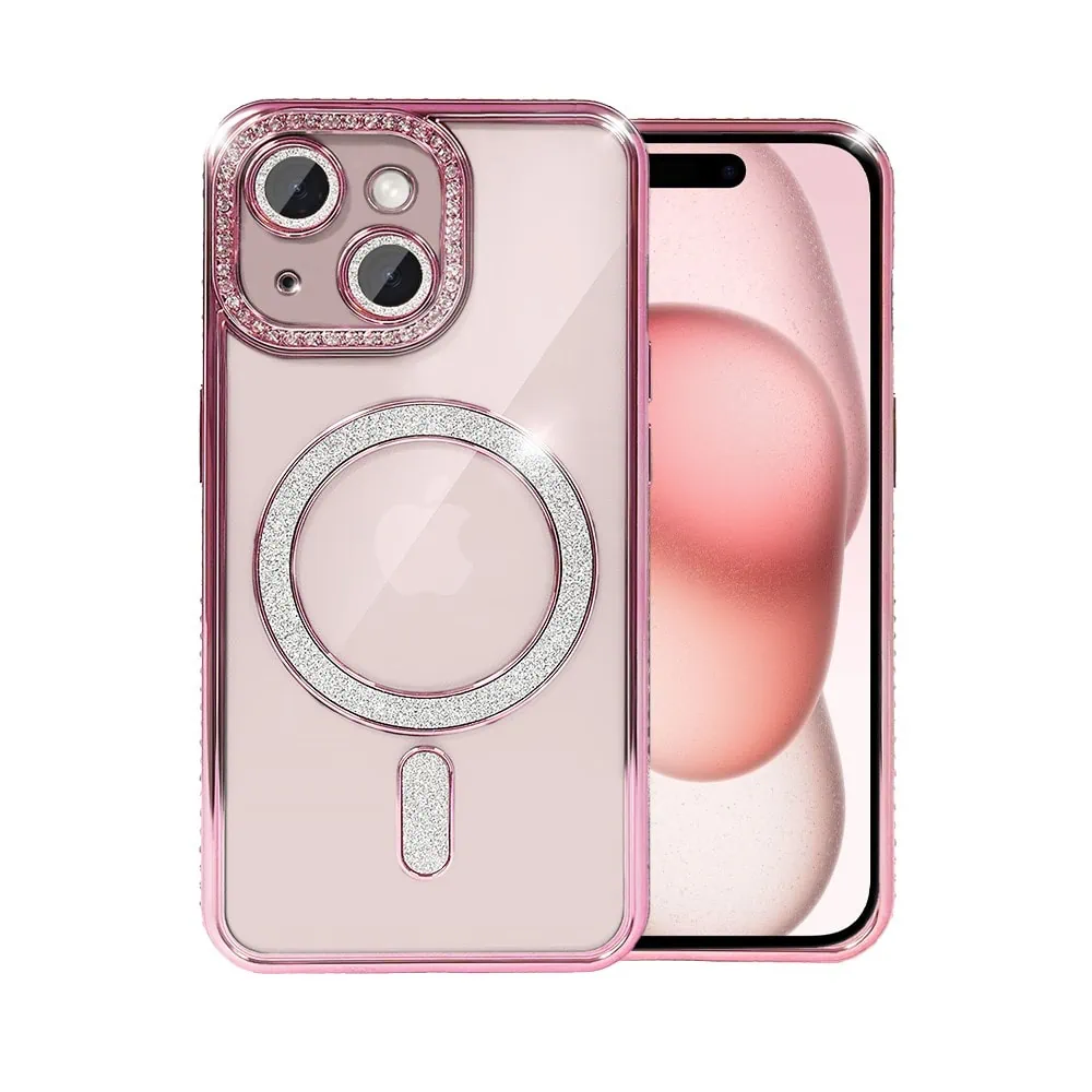 Etui do iPhone 15 Diadem Glow, błyszczące z MagSafe, przeźroczyste, różowe