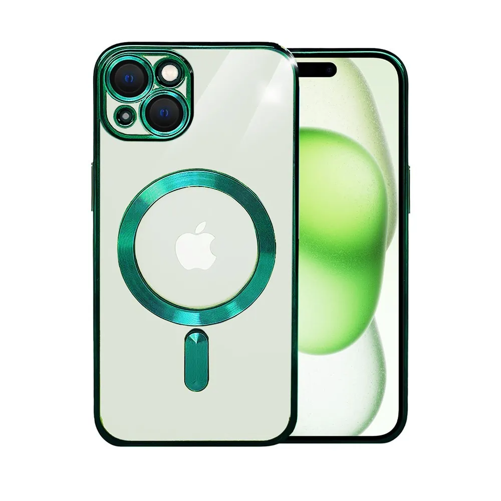 Etui do iPhone 15 MagSafe Luxury Protect przeźroczyste, hybrydowa ochrona kamery, miętowe