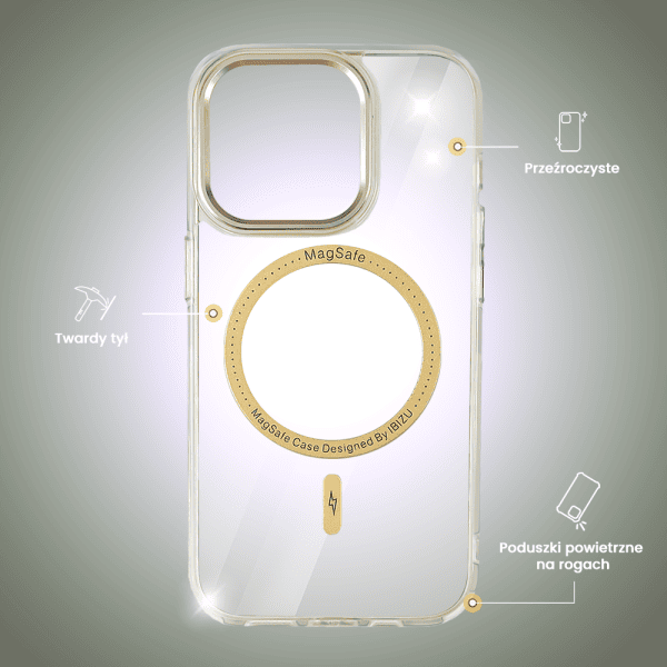 etui do iphone 15 pro ibizu premium slim magsafe cienkie, przeźroczyste, złote