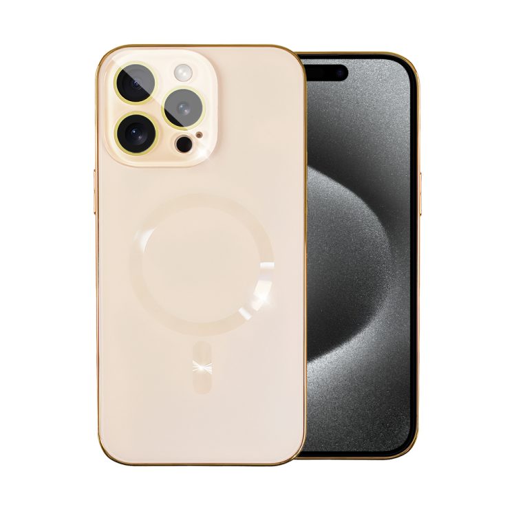 etui do iphone 15 pro jolly magsafe protect, hybrydowa ochrona kamery, pastelowy róż ze złotą ramką