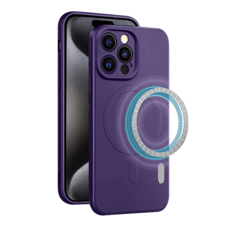 etui do iphone 15 pro max silikonowe z mikrofibrą premium soft touch magsafe, ochrona aparatu, purpurowe