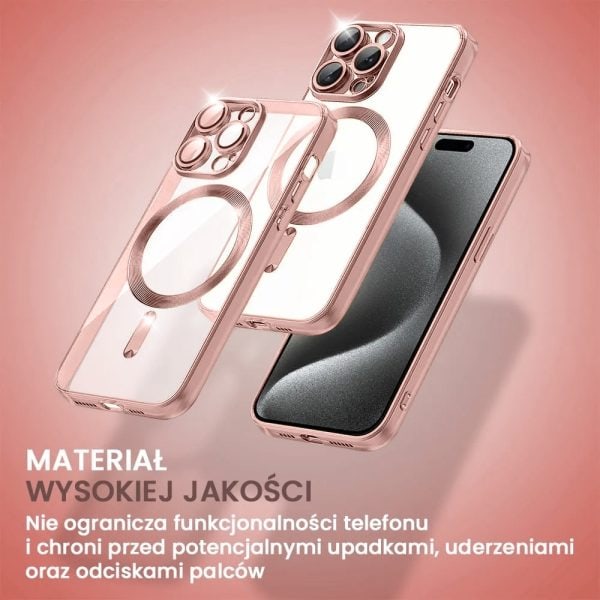 etui do iphone 15 pro max magsafe luxury protect przeźroczyste, hybrydowa ochrona kamery, różowe złoto