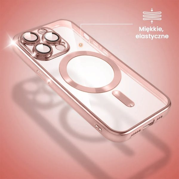 etui do iphone 15 pro max magsafe luxury protect przeźroczyste, hybrydowa ochrona kamery, różowe złoto