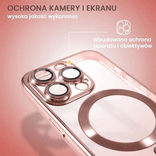 etui do iphone 15 pro max magsafe luxury protect przeźroczyste, hybrydowa ochrona kamery, różowe złoto